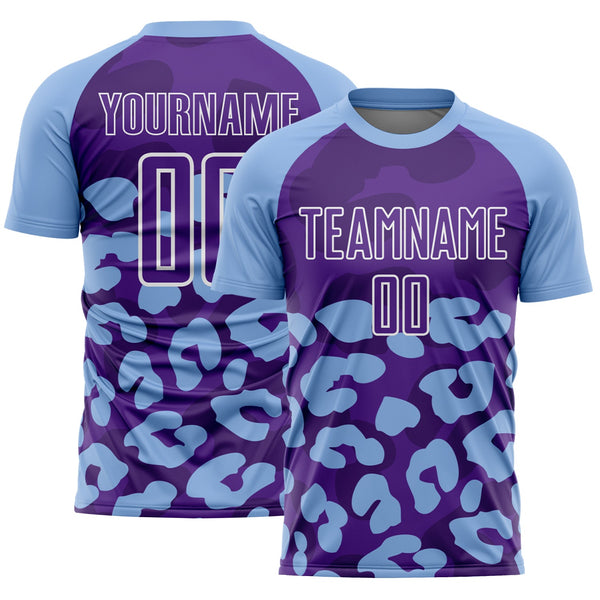 Custom Light Blue Purple-White Animal Leopard Print Sports Sublimation Soccer Uniform Jersey