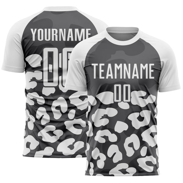 Custom White Steel Gray Animal Leopard Print Sports Sublimation Soccer Uniform Jersey