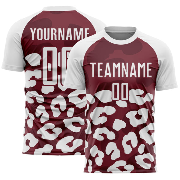 Custom White Burgundy Animal Leopard Print Sports Sublimation Soccer Uniform Jersey