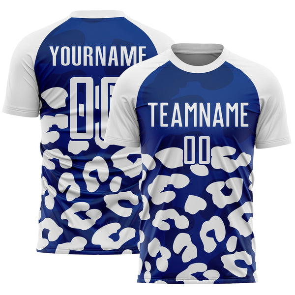 Custom White Royal Animal Leopard Print Sports Sublimation Soccer Uniform Jersey