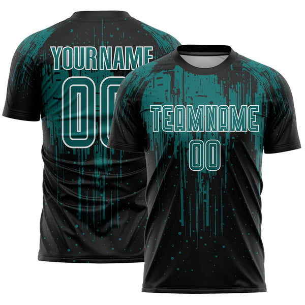 Custom Black Teal-White Dripping Splatte Pattern Sports Sublimation Soccer Uniform Jersey