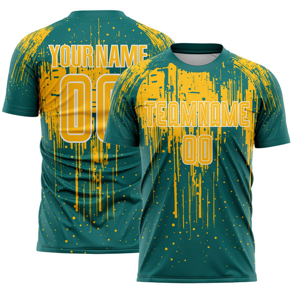 Custom Teal Gold-White Dripping Splatte Pattern Sports Sublimation Soccer Uniform Jersey