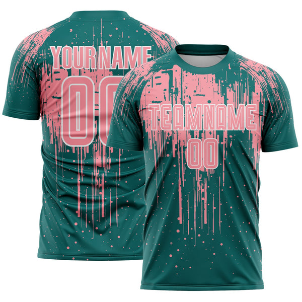 Custom Teal Medium Pink-White Dripping Splatte Pattern Sports Sublimation Soccer Uniform Jersey
