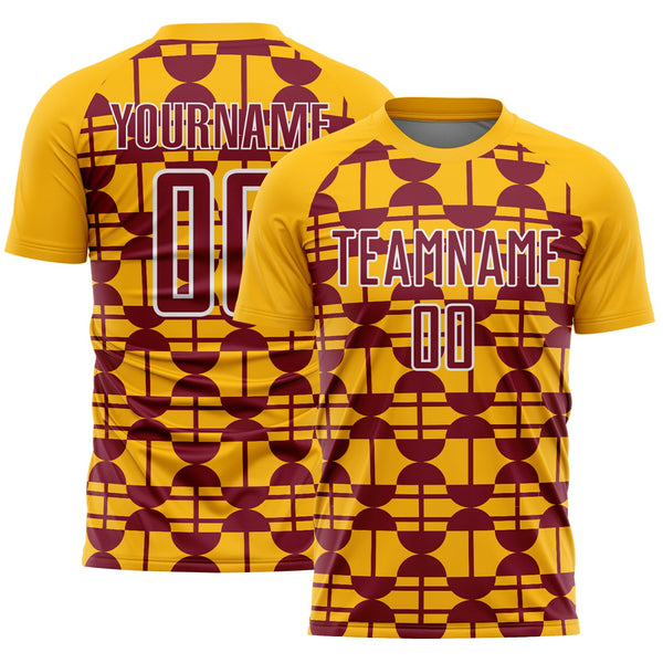 Custom Gold Crimson-White Geometric Shapes Sports Sublimation Soccer Uniform Jersey