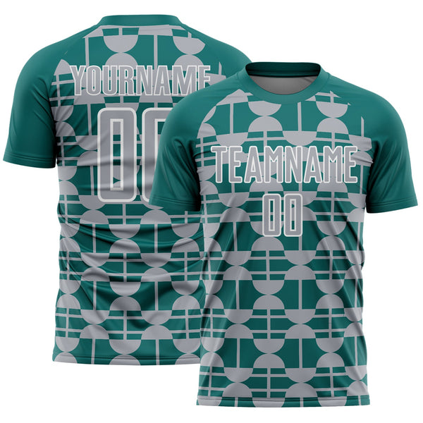 Custom Teal Gray-White Geometric Shapes Sports Sublimation Soccer Uniform Jersey