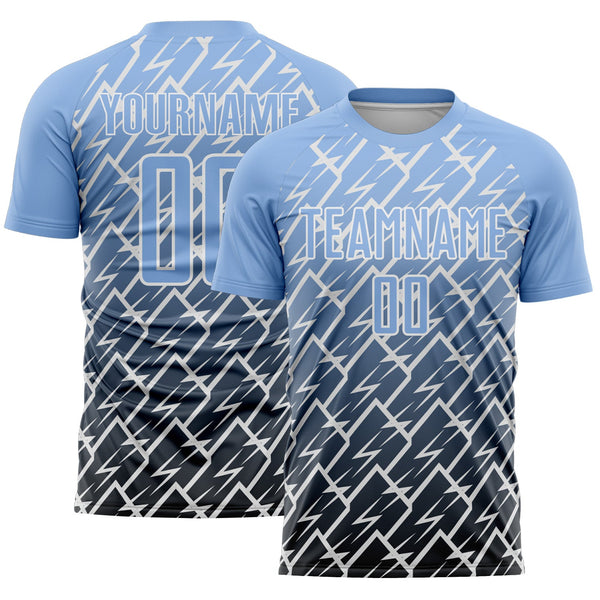 Custom Light Blue Black-White Lightning Sports Sublimation Soccer Uniform Jersey