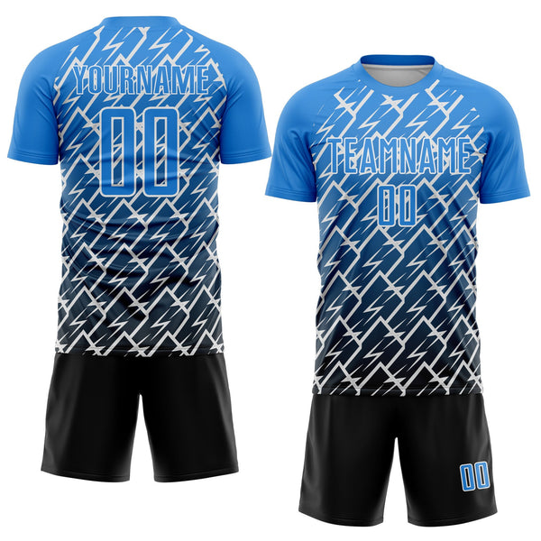 Custom Powder Blue Black-White Lightning Sports Sublimation Soccer Uniform Jersey alternate