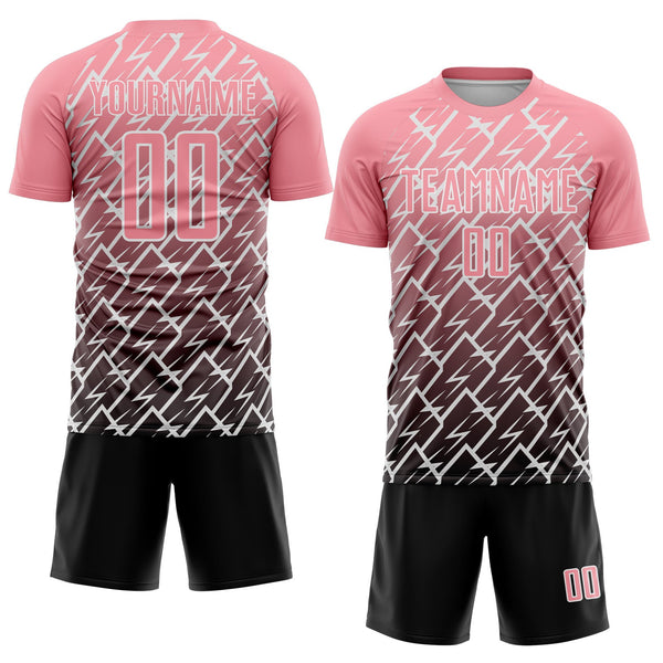 Custom Medium Pink Black-White Lightning Sports Sublimation Soccer Uniform Jersey alternate