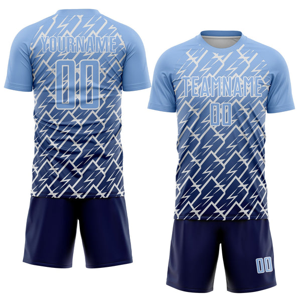 Custom Light Blue Navy-White Lightning Sports Sublimation Soccer Uniform Jersey alternate