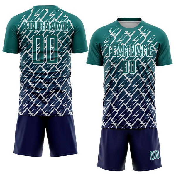 Custom Teal Navy-White Lightning Sports Sublimation Soccer Uniform Jersey alternate