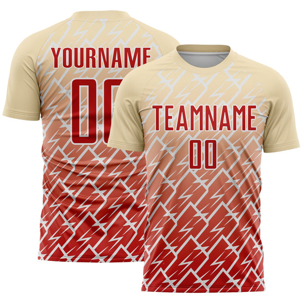 Custom Cream Red-White Lightning Sports Sublimation Soccer Uniform Jersey