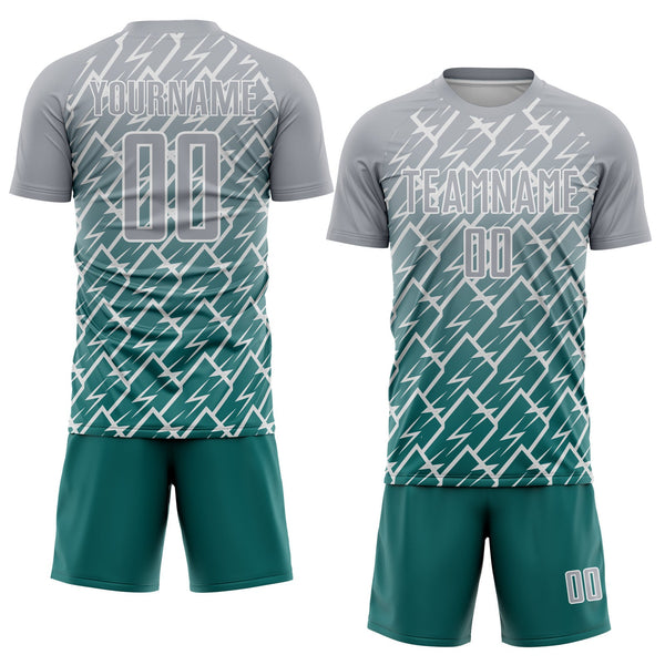 Custom Gray Teal-White Lightning Sports Sublimation Soccer Uniform Jersey alternate