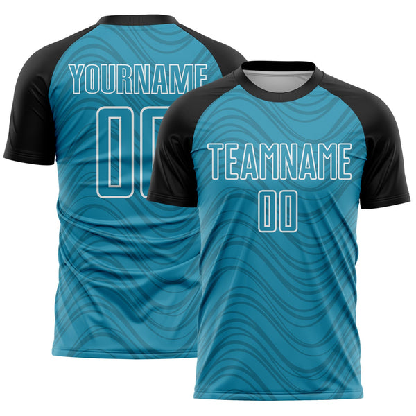 Custom Panther Blue Black-White Wavy Lines Sports Sublimation Soccer Uniform Jersey