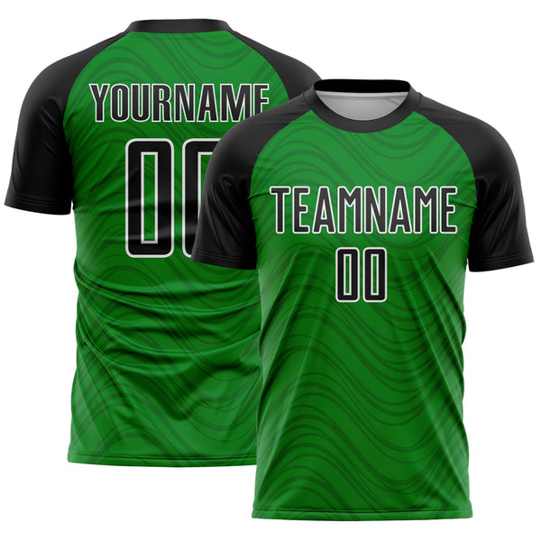 Custom Grass Green Black-White Wavy Lines Sports Sublimation Soccer Uniform Jersey