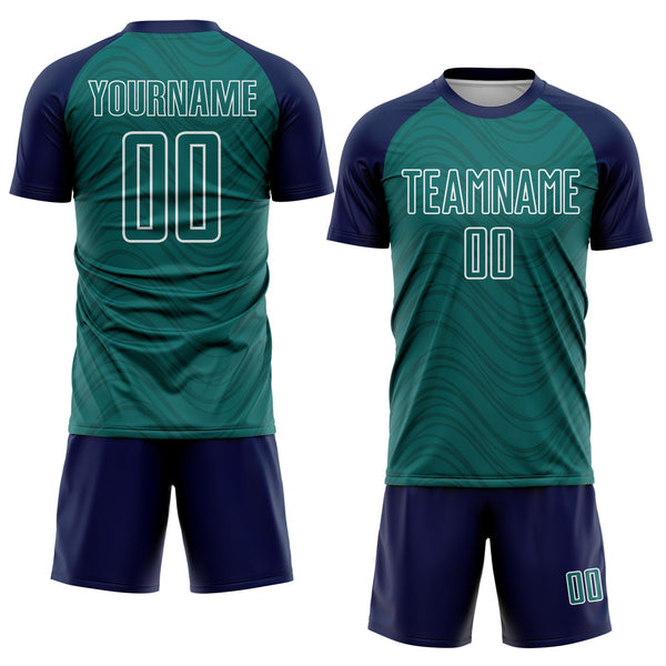 Custom Teal Navy-White Wavy Lines Sports Sublimation Soccer Uniform Jersey alternate