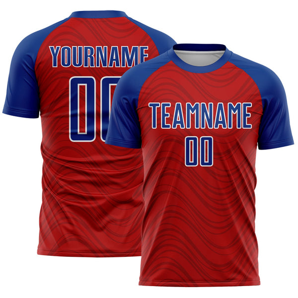 Custom Red Royal-White Wavy Lines Sports Sublimation Soccer Uniform Jersey