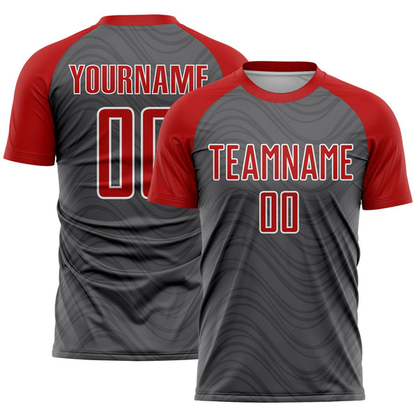 Custom Steel Gray Red-White Wavy Lines Sports Sublimation Soccer Uniform Jersey