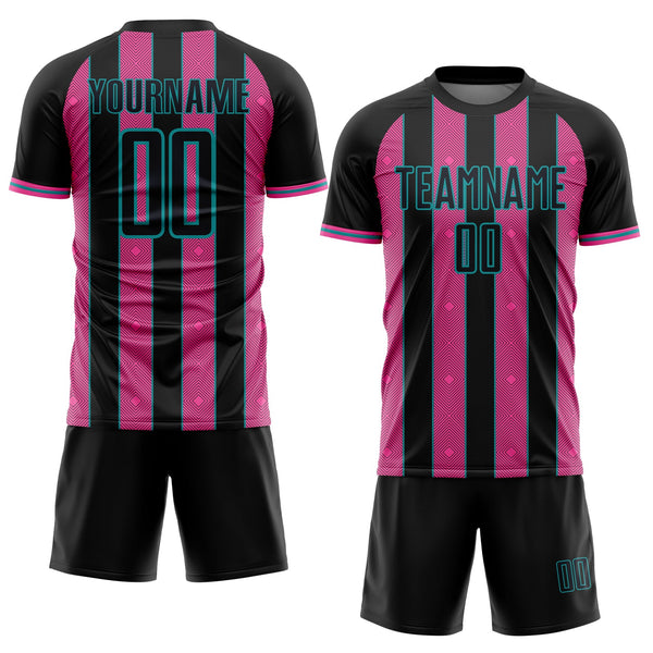 Custom Black Pink-Teal Pinstripe Line Sports Sublimation Soccer Uniform Jersey alternate