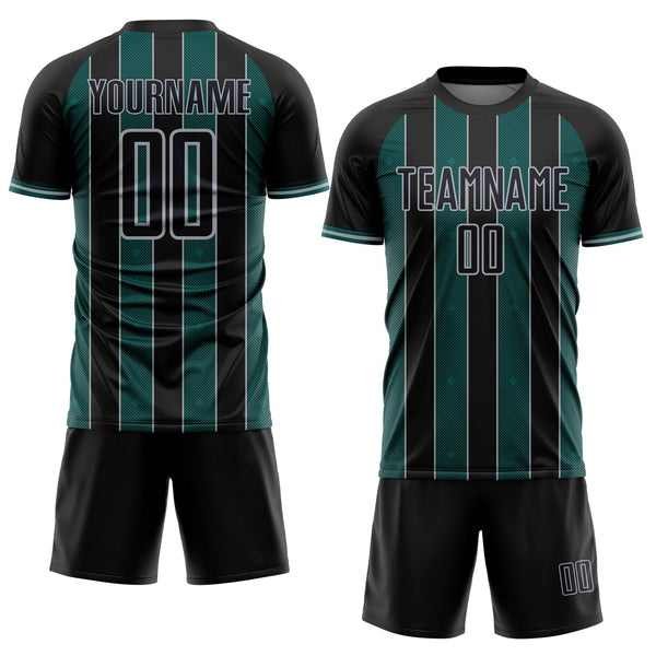 Custom Black Midnight Green-Gray Pinstripe Line Sports Sublimation Soccer Uniform Jersey alternate