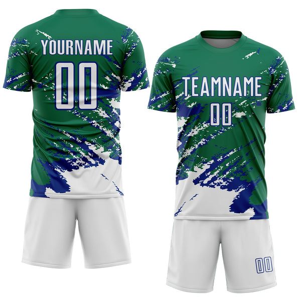 Custom Kelly Green White-Royal Abstract Fragment Art Splash Sports Sublimation Soccer Uniform Jersey alternate