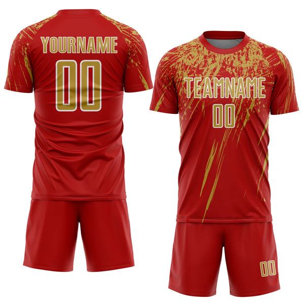 Custom Red Old Gold-White Splash Sports Sublimation Soccer Uniform Jersey alternate
