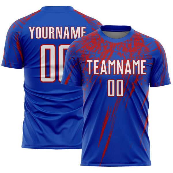 Custom Thunder Blue White-Red Splash Sports Sublimation Soccer Uniform Jersey
