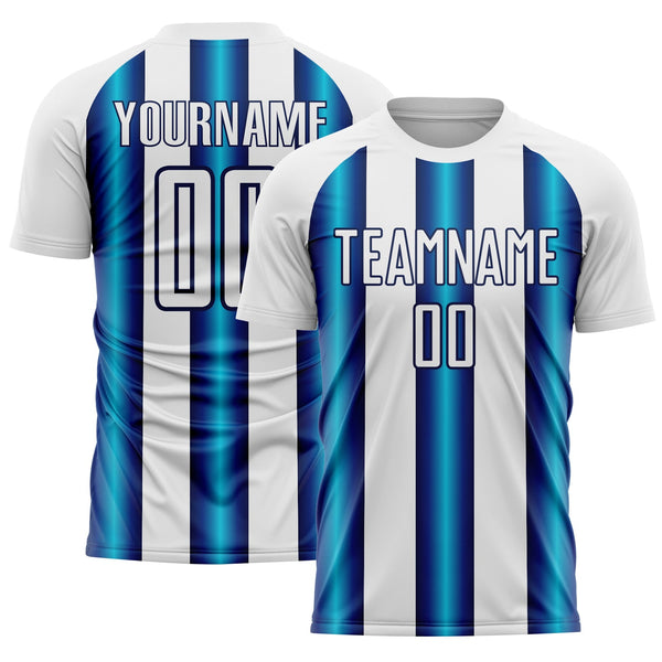Custom White Blue-Navy Stripes Sports Sublimation Soccer Uniform Jersey