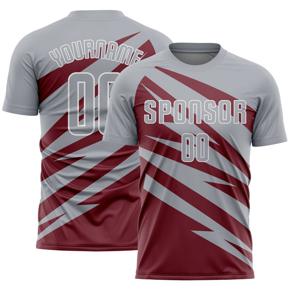 Custom Gray Burgundy-White Abstract Line Sports Sublimation Soccer Uniform Jersey