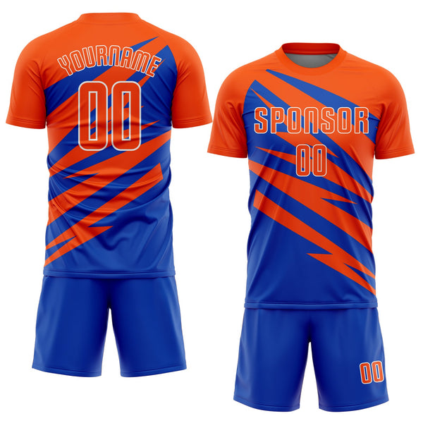 Custom Orange Thunder Blue-White Abstract Line Sports Sublimation Soccer Uniform Jersey alternate