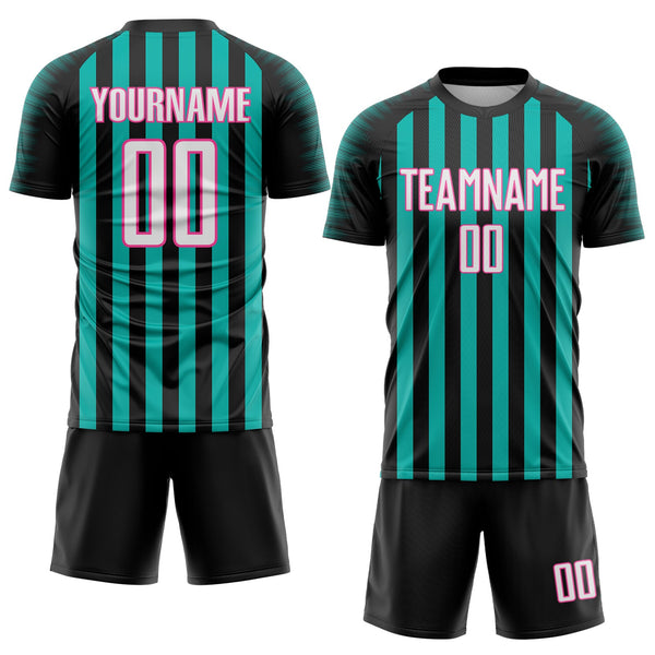 Custom Black White Aqua-Pink Stripe Sports Sublimation Soccer Uniform Jersey alternate