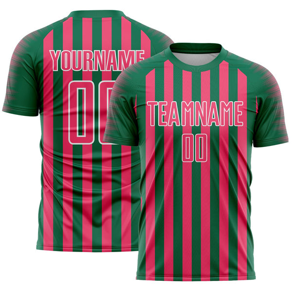 Custom Kelly Green Neon Pink-White Stripe Sports Sublimation Soccer Uniform Jersey