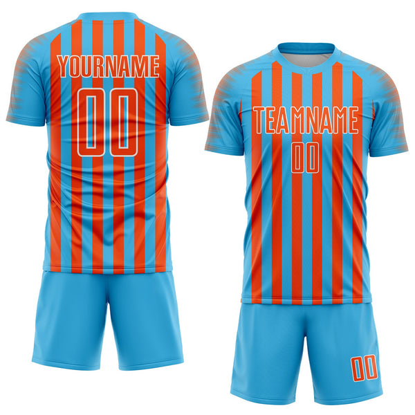 Custom Sky Blue Orange-White Stripe Sports Sublimation Soccer Uniform Jersey alternate