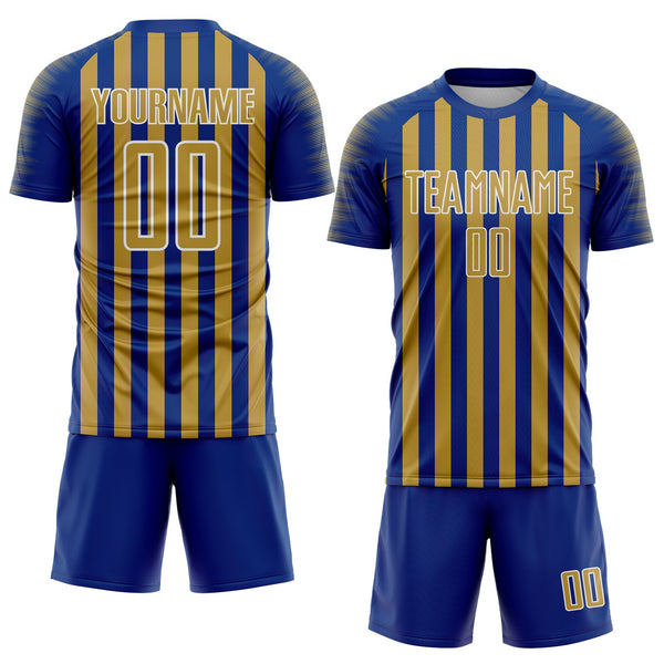 Custom Royal Old Gold-White Stripe Sports Sublimation Soccer Uniform Jersey alternate