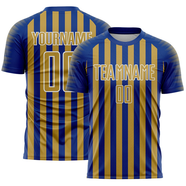 Custom Royal Old Gold-White Stripe Sports Sublimation Soccer Uniform Jersey