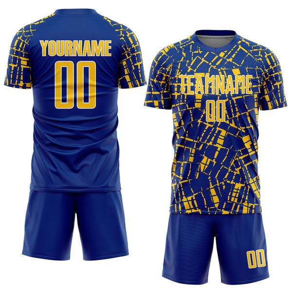 Custom Royal Yellow-White Abstract Line Sports Sublimation Soccer Uniform Jersey alternate