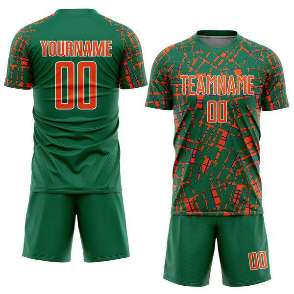 Custom Kelly Green Orange-White Abstract Line Sports Sublimation Soccer Uniform Jersey alternate