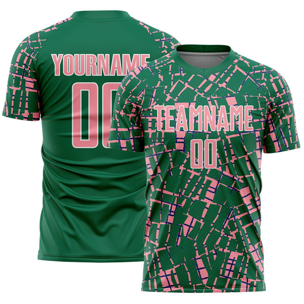 Custom Kelly Green Medium Pink-White Abstract Line Sports Sublimation Soccer Uniform Jersey