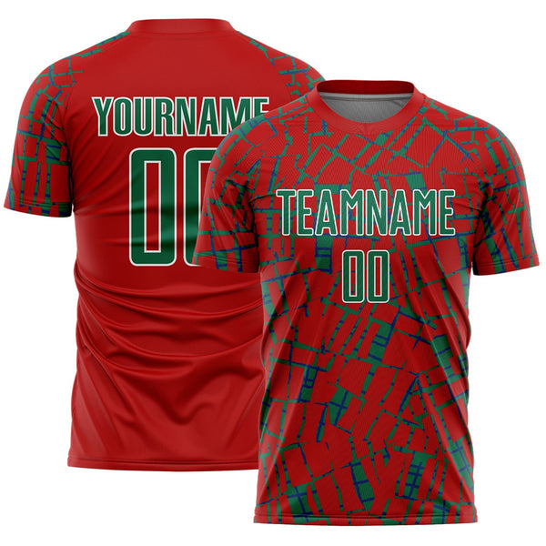 Custom Red Kelly Green-White Abstract Line Sports Sublimation Soccer Uniform Jersey