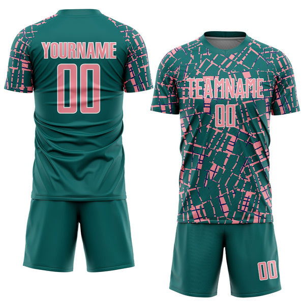 Custom Teal Medium Pink-White Abstract Line Sports Sublimation Soccer Uniform Jersey alternate