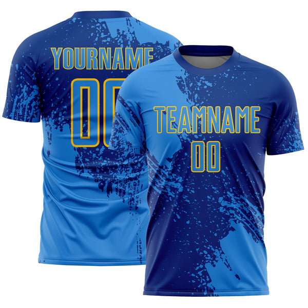 Custom Royal Powder Blue-Yellow Abstract Brush Stroke Sports Sublimation Soccer Uniform Jersey