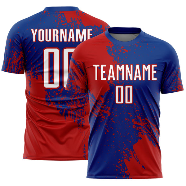 Custom Royal White-Red Abstract Brush Stroke Sports Sublimation Soccer Uniform Jersey