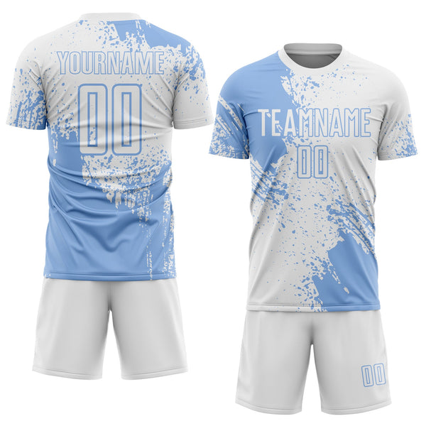 Custom White Light Blue Abstract Brush Stroke Sports Sublimation Soccer Uniform Jersey alternate