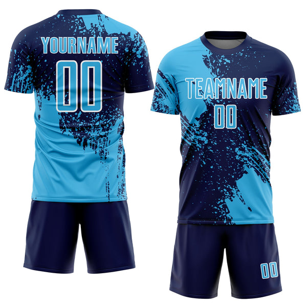 Custom Navy Sky Blue-White Abstract Brush Stroke Sports Sublimation Soccer Uniform Jersey alternate