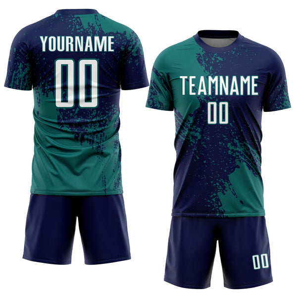 Custom Navy White-Teal Abstract Brush Stroke Sports Sublimation Soccer Uniform Jersey alternate