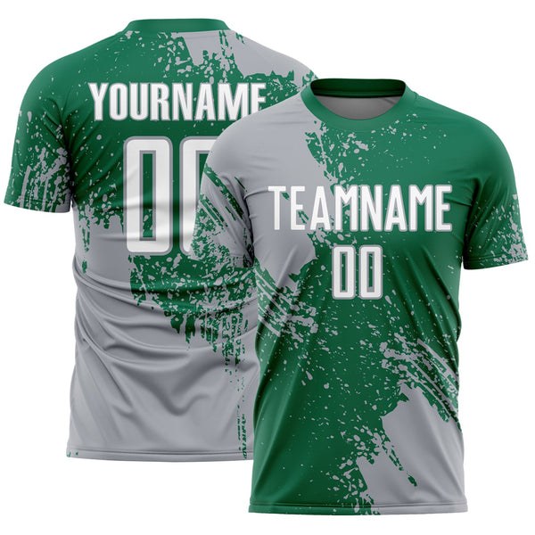 Custom Kelly Green White-Gray Abstract Brush Stroke Sports Sublimation Soccer Uniform Jersey