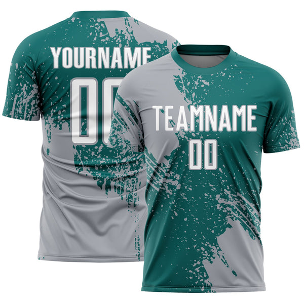 Custom Teal White-Gray Abstract Brush Stroke Sports Sublimation Soccer Uniform Jersey