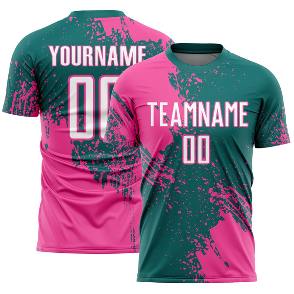 Custom Teal White-Pink Abstract Brush Stroke Sports Sublimation Soccer Uniform Jersey