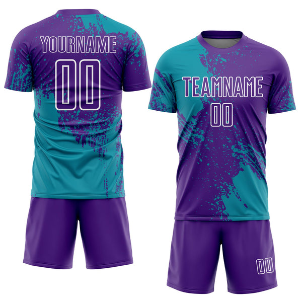 Custom Purple Teal-White Abstract Brush Stroke Sports Sublimation Soccer Uniform Jersey alternate