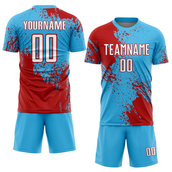 Custom Sky Blue White-Red Abstract Brush Stroke Sports Sublimation Soccer Uniform Jersey alternate
