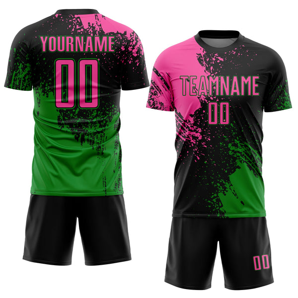 Custom Black Pink-Grass Green Abstract Brush Stroke Sports Sublimation Soccer Uniform Jersey alternate